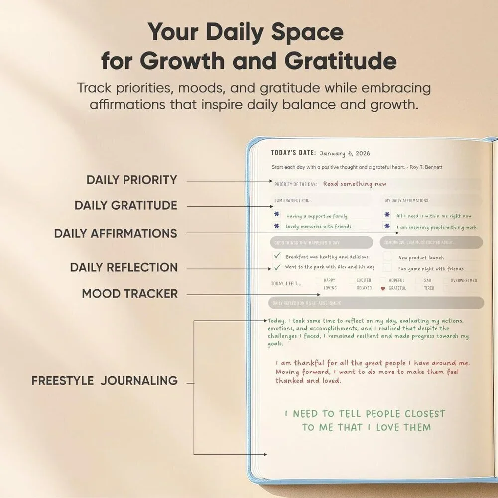 Daily Gratitude Journal A5 Undated Self Care Planner w/ Prompts Black